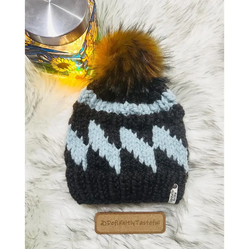 Hand Knit Tilt A Whirl Beanie: Cozy Winter Hat with Faux Fur Pom